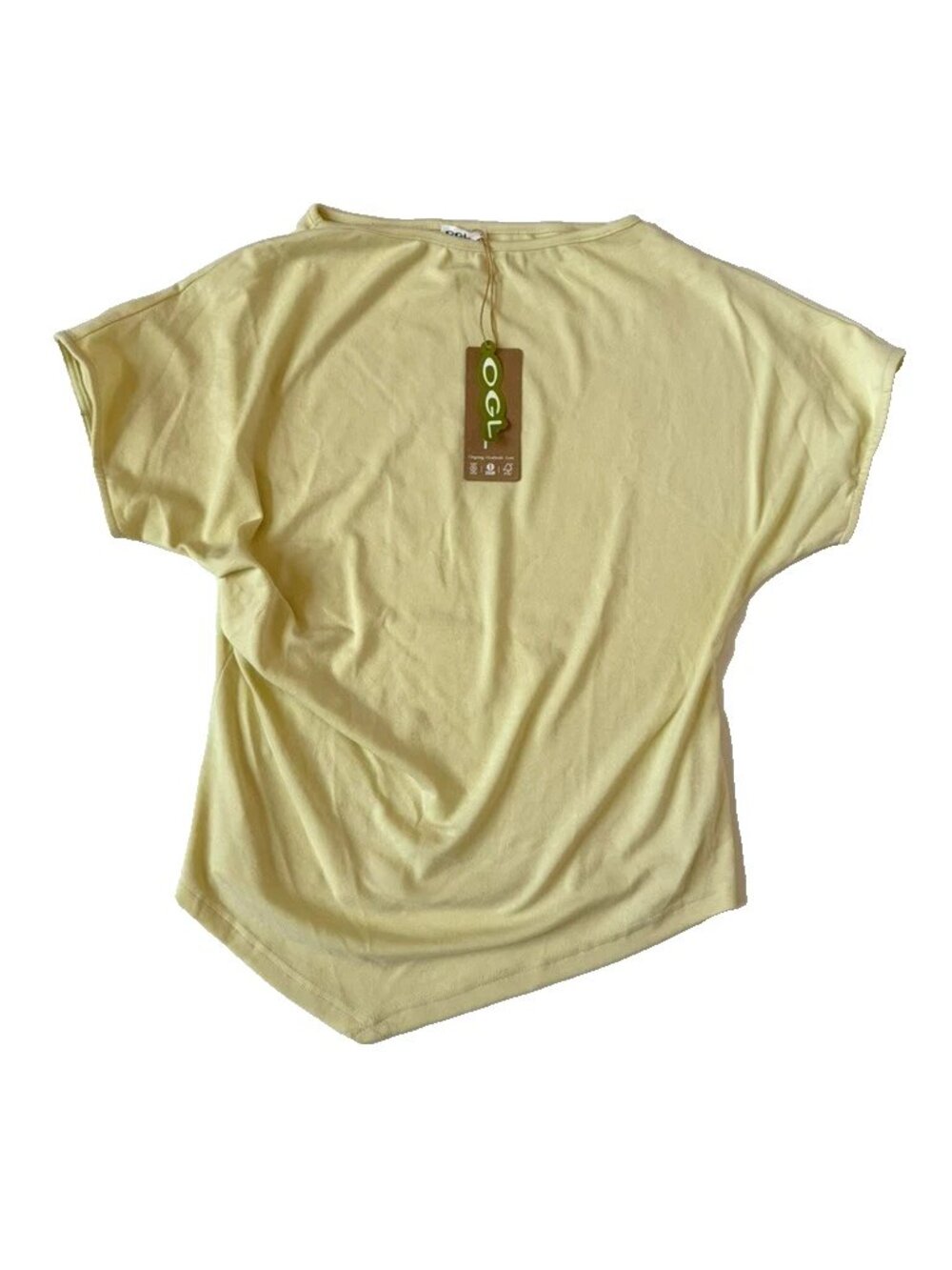 OGL Women L Yellow Tee Shirt T Top Short Sleeve NEW Gathered Side Asymmetric Hem
